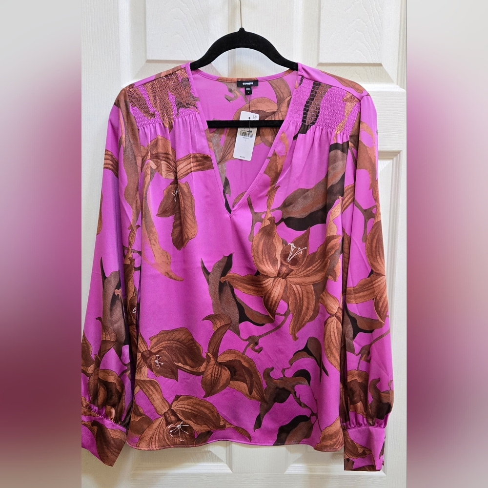 Express Satin Smocked Shoulder Blouse